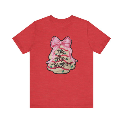 Tis the Season Bow Cake Tree Christmas T-Shirt - Faux Yarn