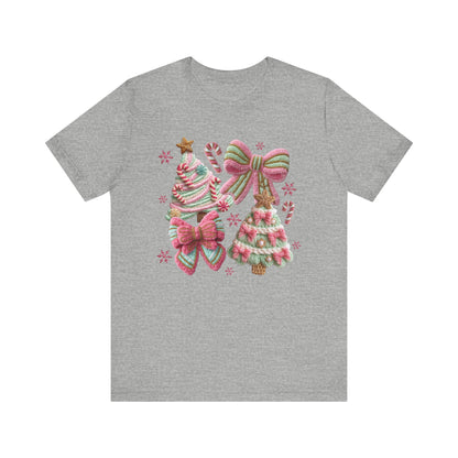 Pastel Pink Bows Coquette Christmas T-Shirt - Faux Yarn