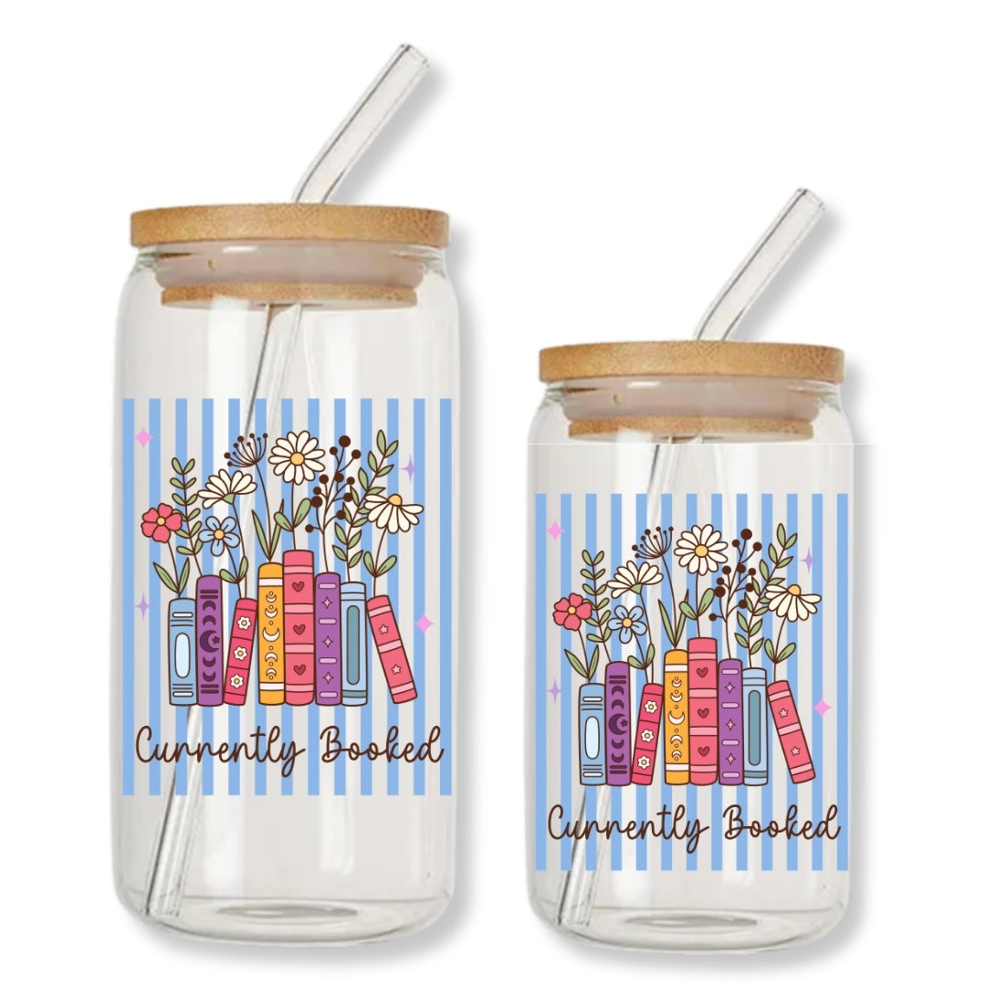 Currently Booked Stripes 16 oz. or 20 oz. Glass Can Cup Just So Happy
