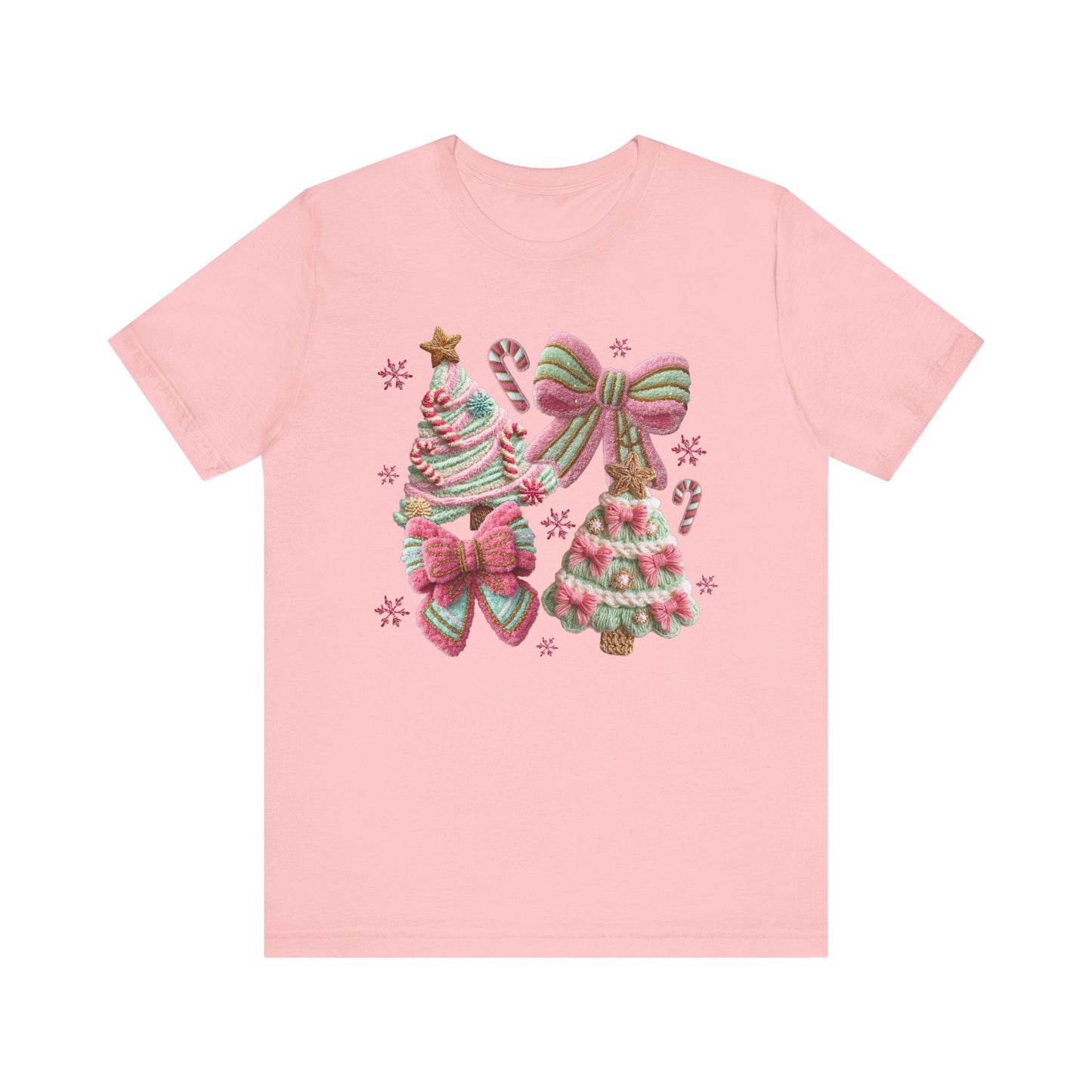 Pastel Pink Bows Coquette Christmas T-Shirt - Faux Yarn
