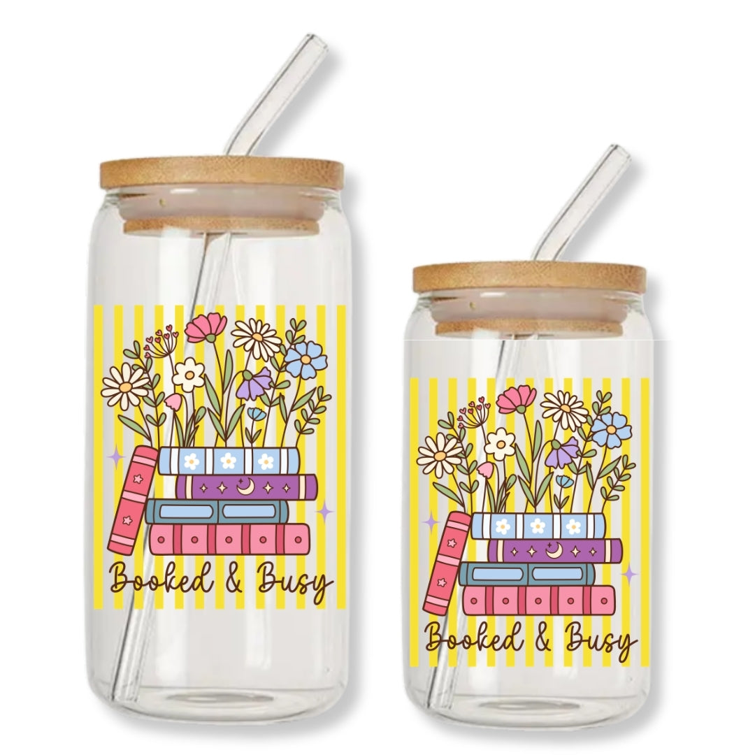 Booked & Busy Stripes 16 oz. or 20 oz. Glass Can Cup Just So Happy