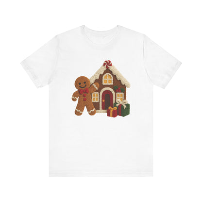 Ginger Bread Man House Christmas T-Shirt - Faux Yarn