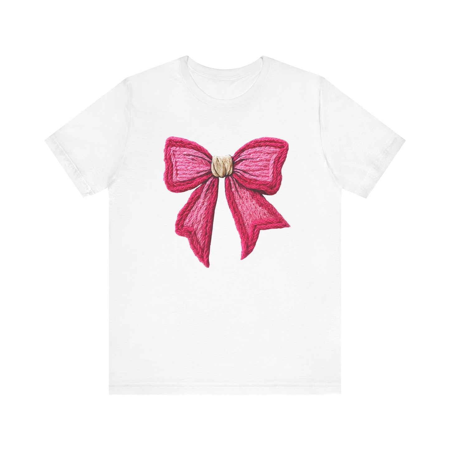 Cozy Knit Pink Bow Coquette Christmas T-Shirt - Faux Yarn