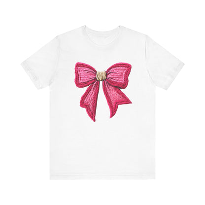 Cozy Knit Pink Bow Coquette Christmas T-Shirt - Faux Yarn