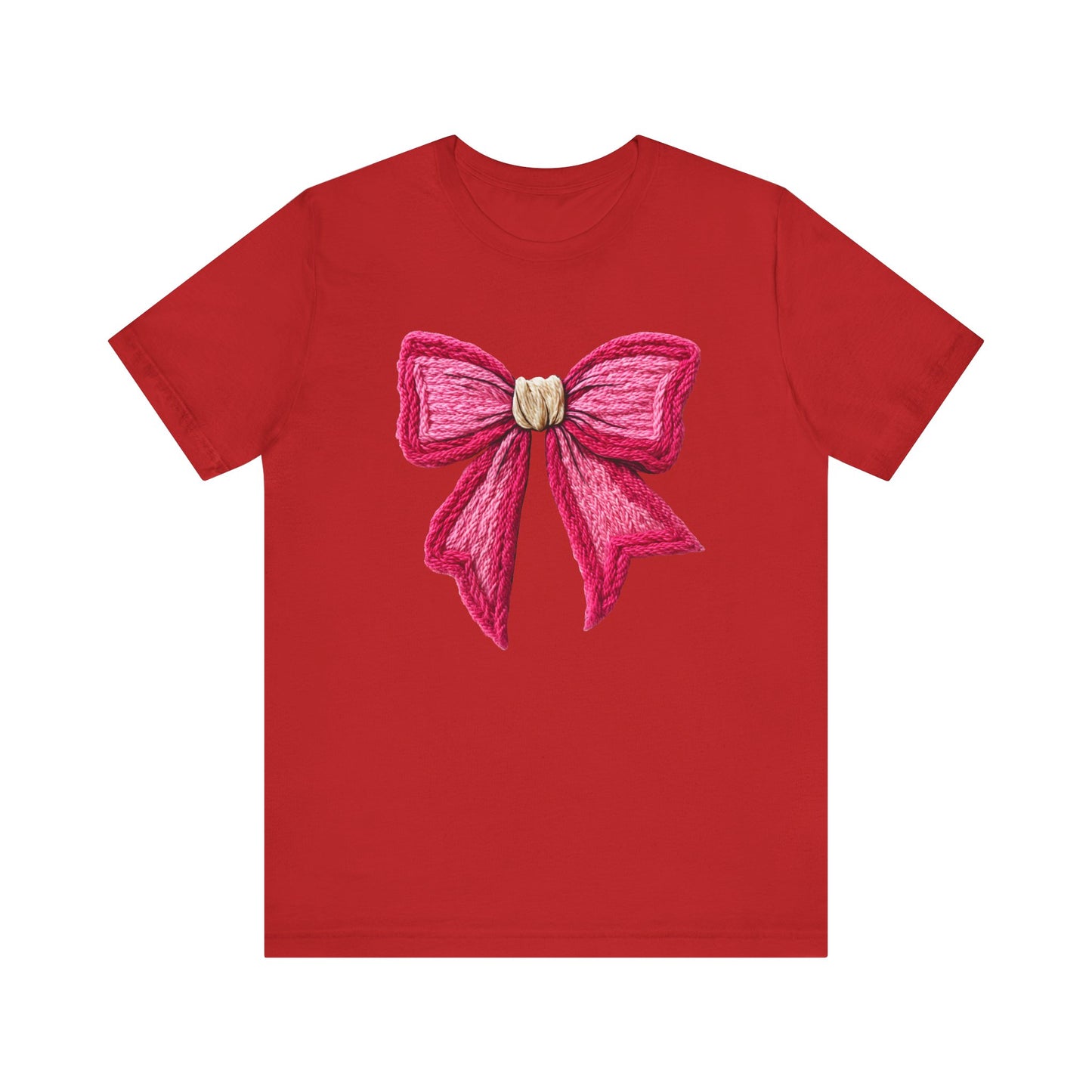 Cozy Knit Pink Bow Coquette Christmas T-Shirt - Faux Yarn