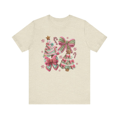 Pastel Pink Bows Coquette Christmas T-Shirt - Faux Yarn
