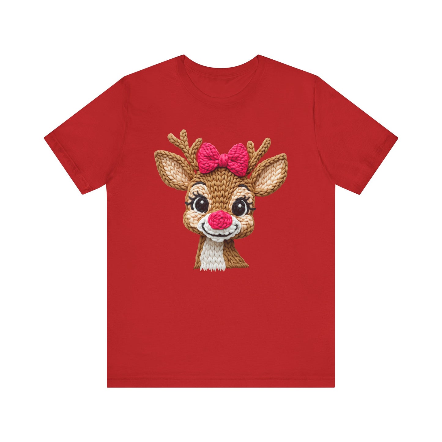 Cute Reindeer Face Christmas T-Shirt - Girl Reindeer with Pink Bow Faux Yarn