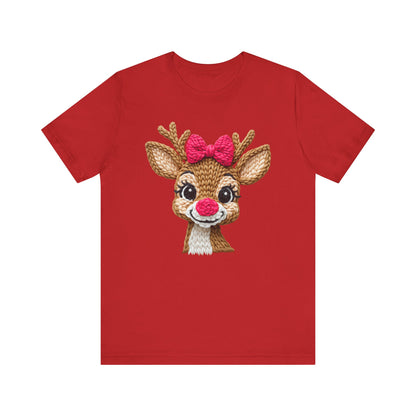 Cute Reindeer Face Christmas T-Shirt - Girl Reindeer with Pink Bow Faux Yarn