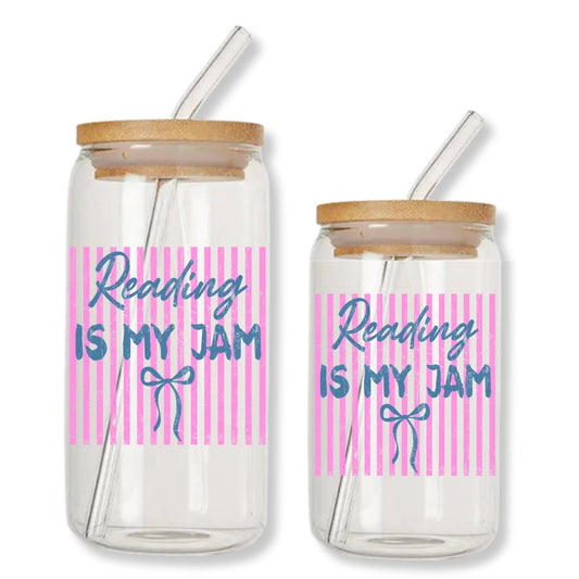 Reading is My Jam Pink Stripes 16 oz. or 20 oz. Glass Can Cup Just So Happy