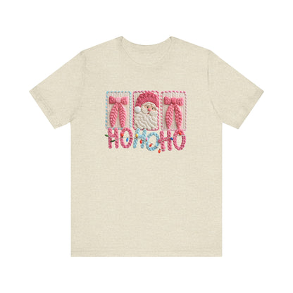 Ho Ho Ho Cute Pink Christmas T-Shirt - Faux Yarn