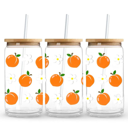 Peaches & Daisies 16 oz. or 20 oz. Glass Can Cup