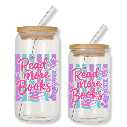 Read More Books Pink with Purple Stripes 16 oz. or 20 oz. Glass Can Cup Just So Happy