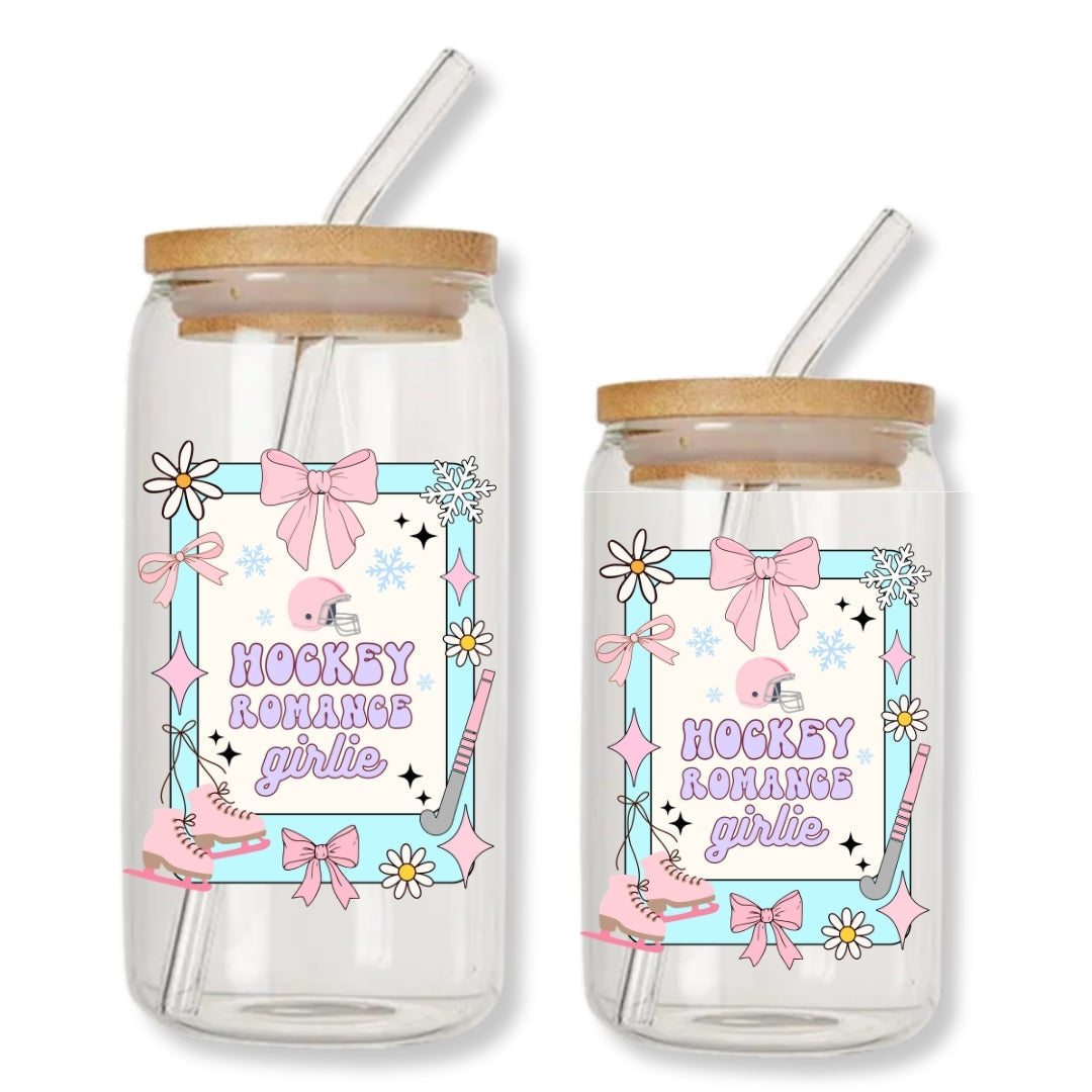 Hockey Romance Girlie 16 oz. or 20 oz. Glass Can Cup Just So Happy