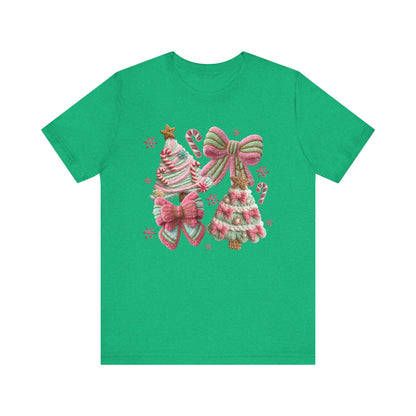 Pastel Pink Bows Coquette Christmas T-Shirt - Faux Yarn