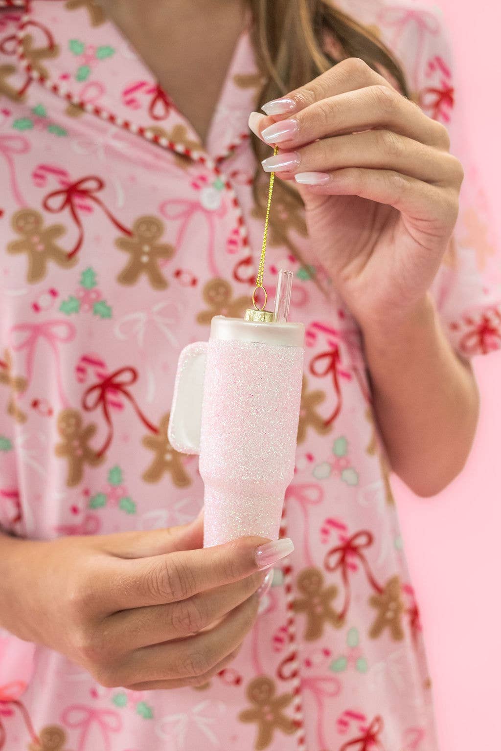 Pink Glittered Trendy Tumbler Christmas Ornament - Pink Glitter Cup