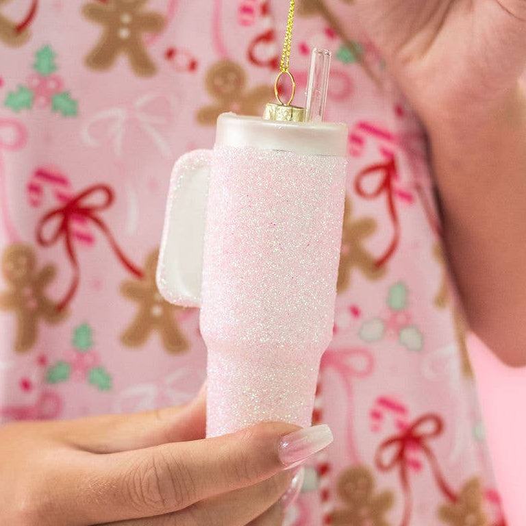 Pink Glittered Trendy Tumbler Christmas Ornament - Pink Glitter Cup