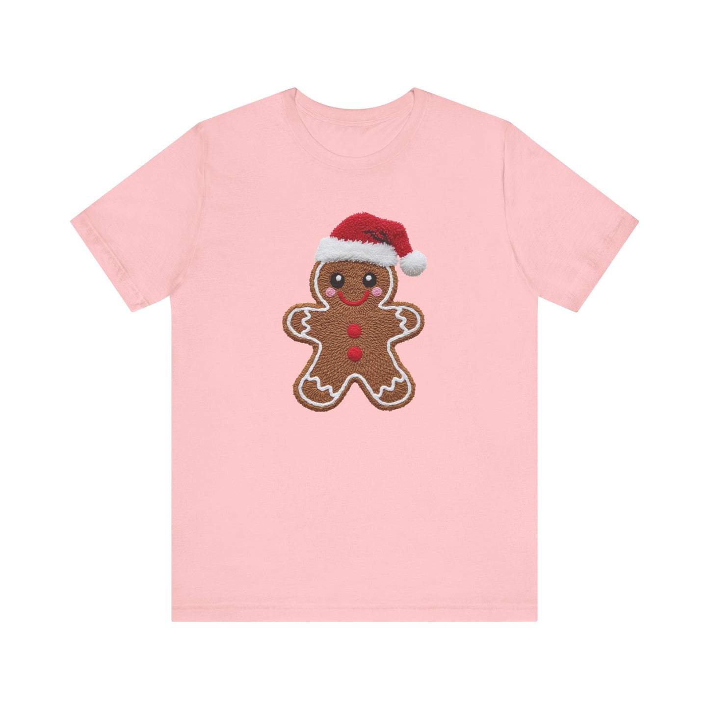 Gingerbread Man with Santa Hat Christmas T-Shirt - Faux Yarn