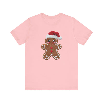 Gingerbread Man with Santa Hat Christmas T-Shirt - Faux Yarn