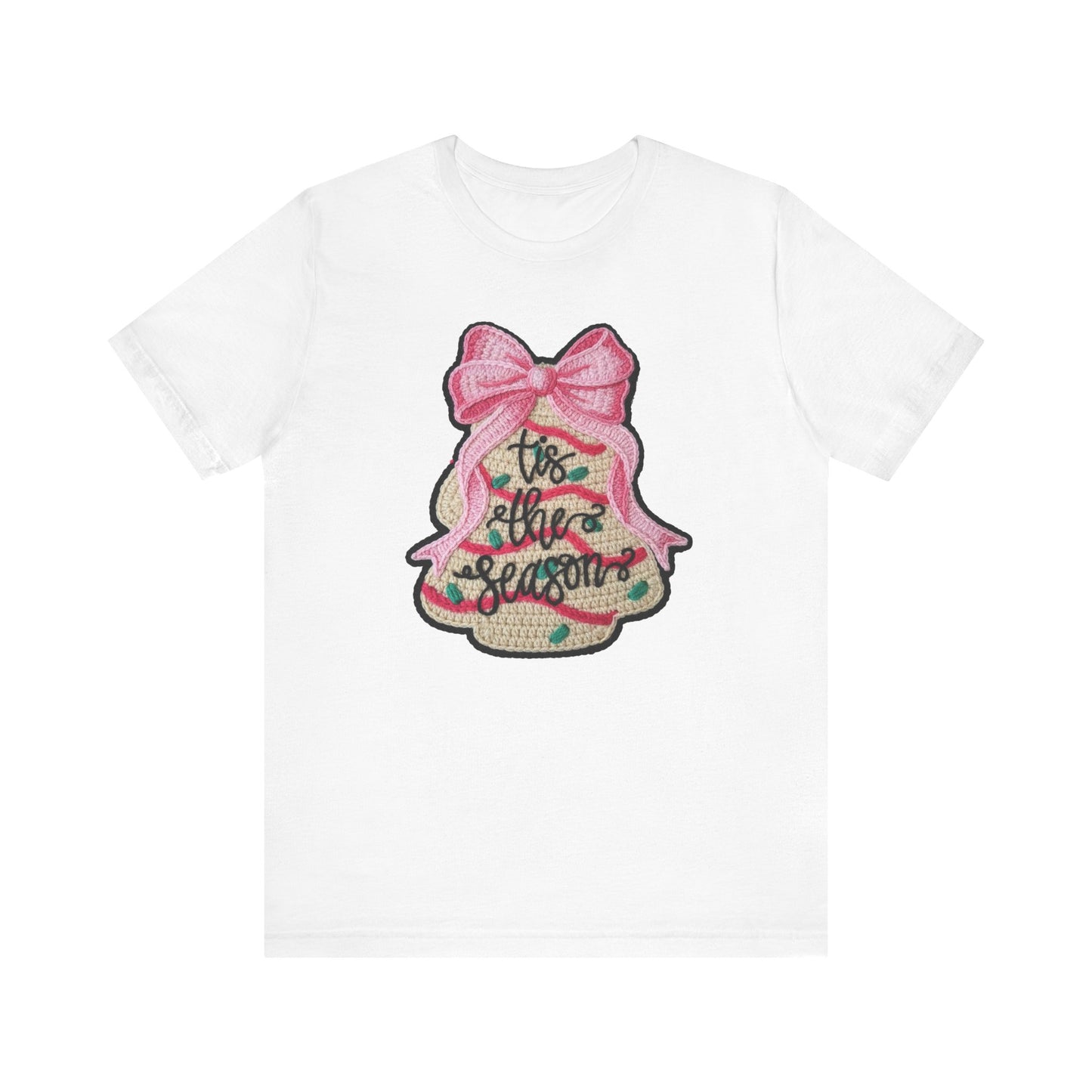 Tis the Season Bow Cake Tree Christmas T-Shirt - Faux Yarn
