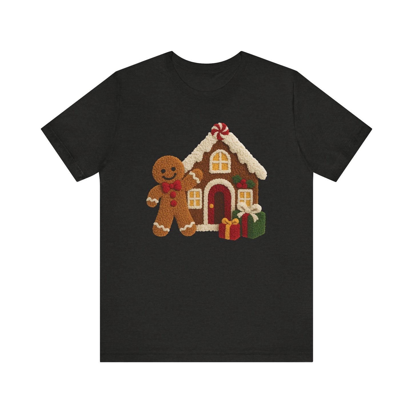 Ginger Bread Man House Christmas T-Shirt - Faux Yarn