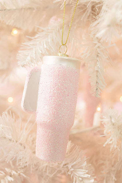 Pink Glittered Trendy Tumbler Christmas Ornament - Pink Glitter Cup