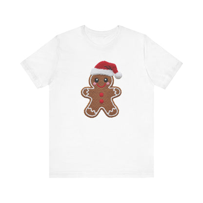 Gingerbread Man with Santa Hat Christmas T-Shirt - Faux Yarn
