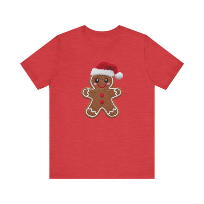 Gingerbread Man with Santa Hat Christmas T-Shirt - Faux Yarn