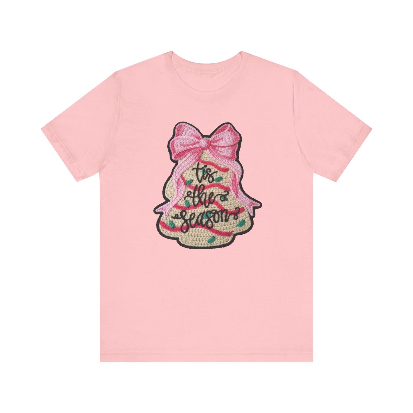 Tis the Season Bow Cake Tree Christmas T-Shirt - Faux Yarn