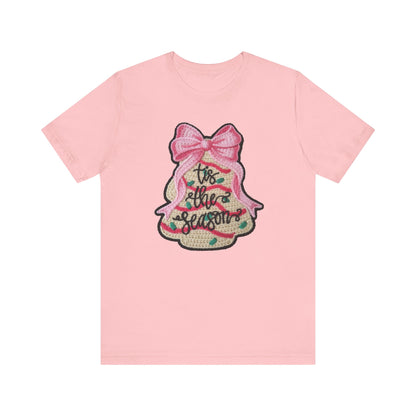 Tis the Season Bow Cake Tree Christmas T-Shirt - Faux Yarn