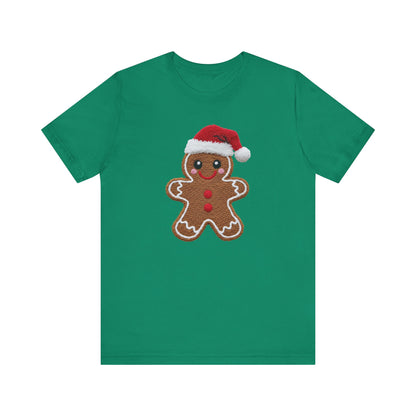 Gingerbread Man with Santa Hat Christmas T-Shirt - Faux Yarn