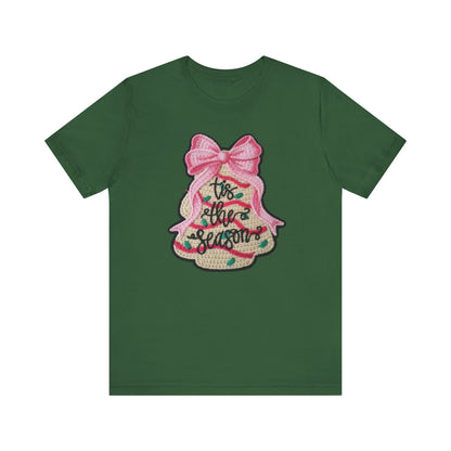 Tis the Season Bow Cake Tree Christmas T-Shirt - Faux Yarn
