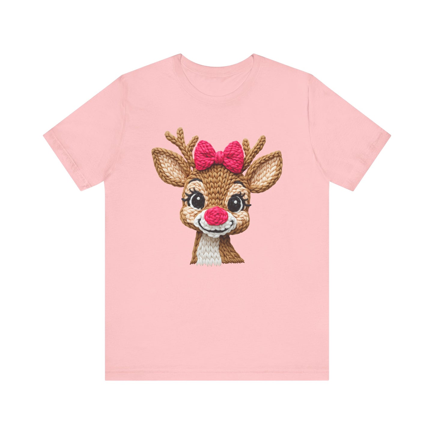 Cute Reindeer Face Christmas T-Shirt - Girl Reindeer with Pink Bow Faux Yarn