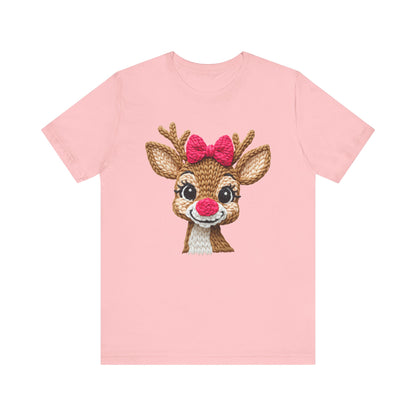 Cute Reindeer Face Christmas T-Shirt - Girl Reindeer with Pink Bow Faux Yarn