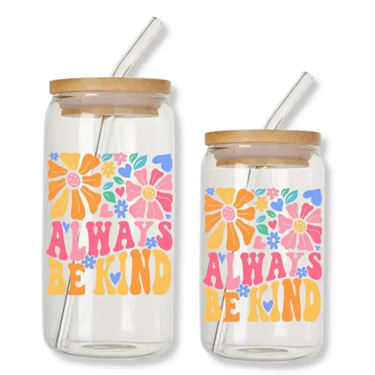 Always Be Kind Cup Retro Flowers Can Glass Tumbler with Bamboo Lid & Straw