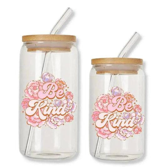 Be Kind Cup Daisy Can Glass Tumbler with Bamboo Lid & Straw