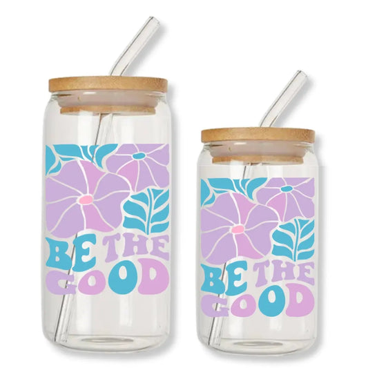 Be the Good Retro Flowers Can Glass Tumbler with Bamboo Lid & Straw Just So Happy