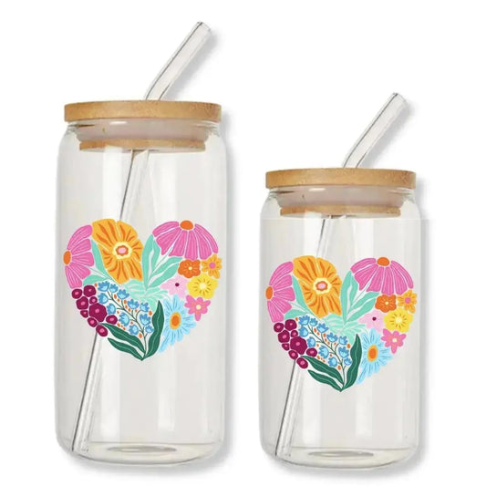 Beautiful Floral Heart Cup Can Glass Tumbler with Bamboo Lid & Straw