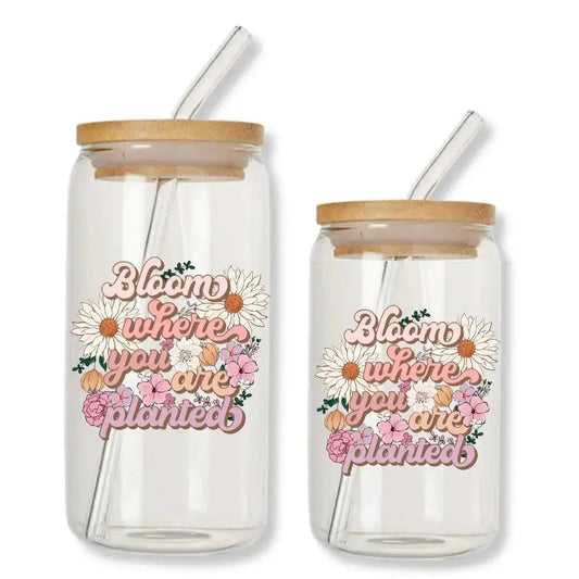 Bloom Where You are Planted Cup Daisy Can Glass Tumbler with Bamboo Lid & Straw