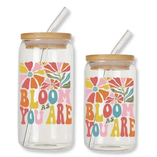 Bloom as You Are Cup Can Glass Tumbler with Bamboo Lid & Straw