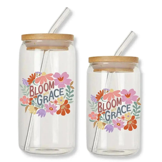 Bloom with Grace Cup Can Glass Tumbler with Bamboo Lid & Straw
