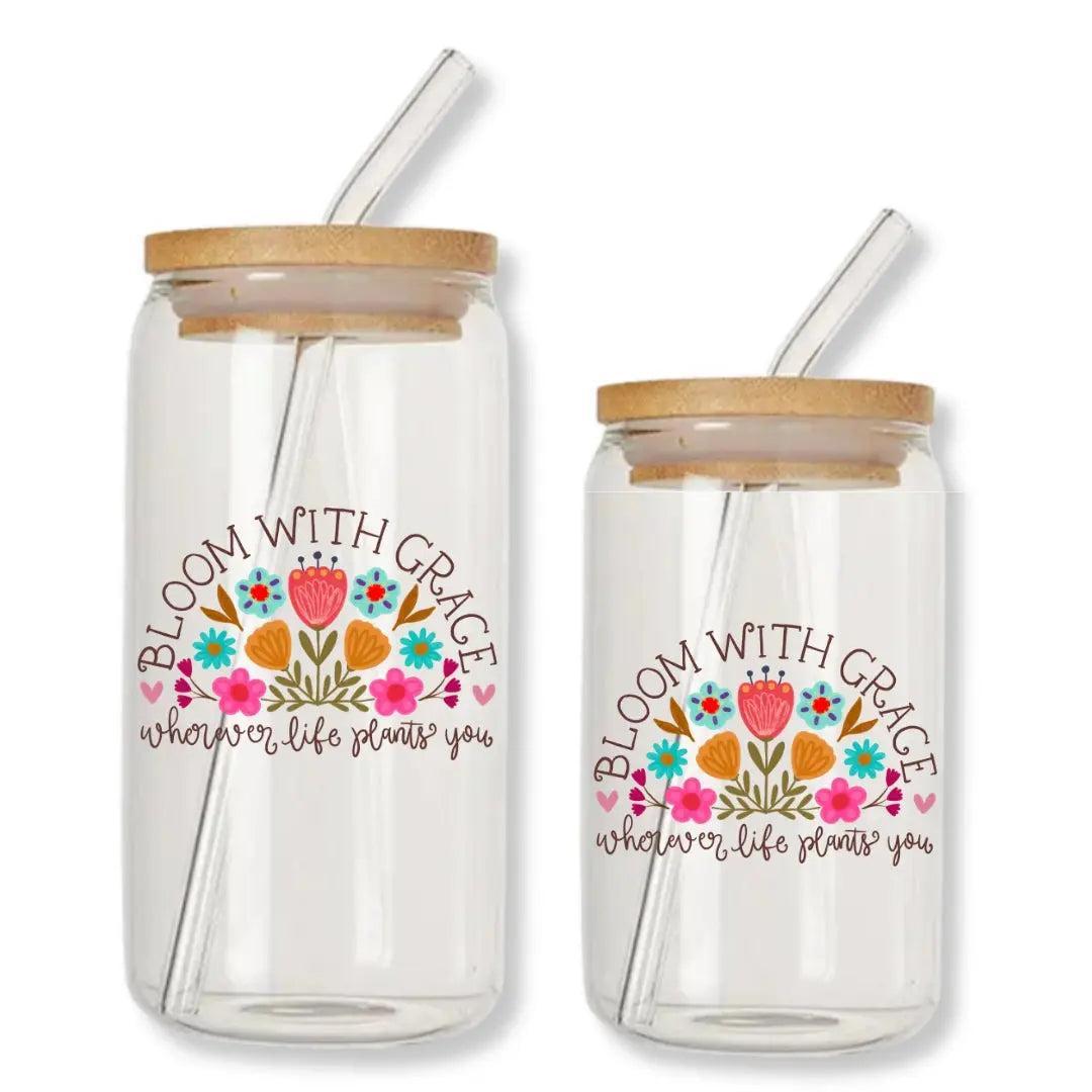 Bloom with Grace Wherever Life Plants You Can Glass Tumbler with Bamboo Lid & Straw