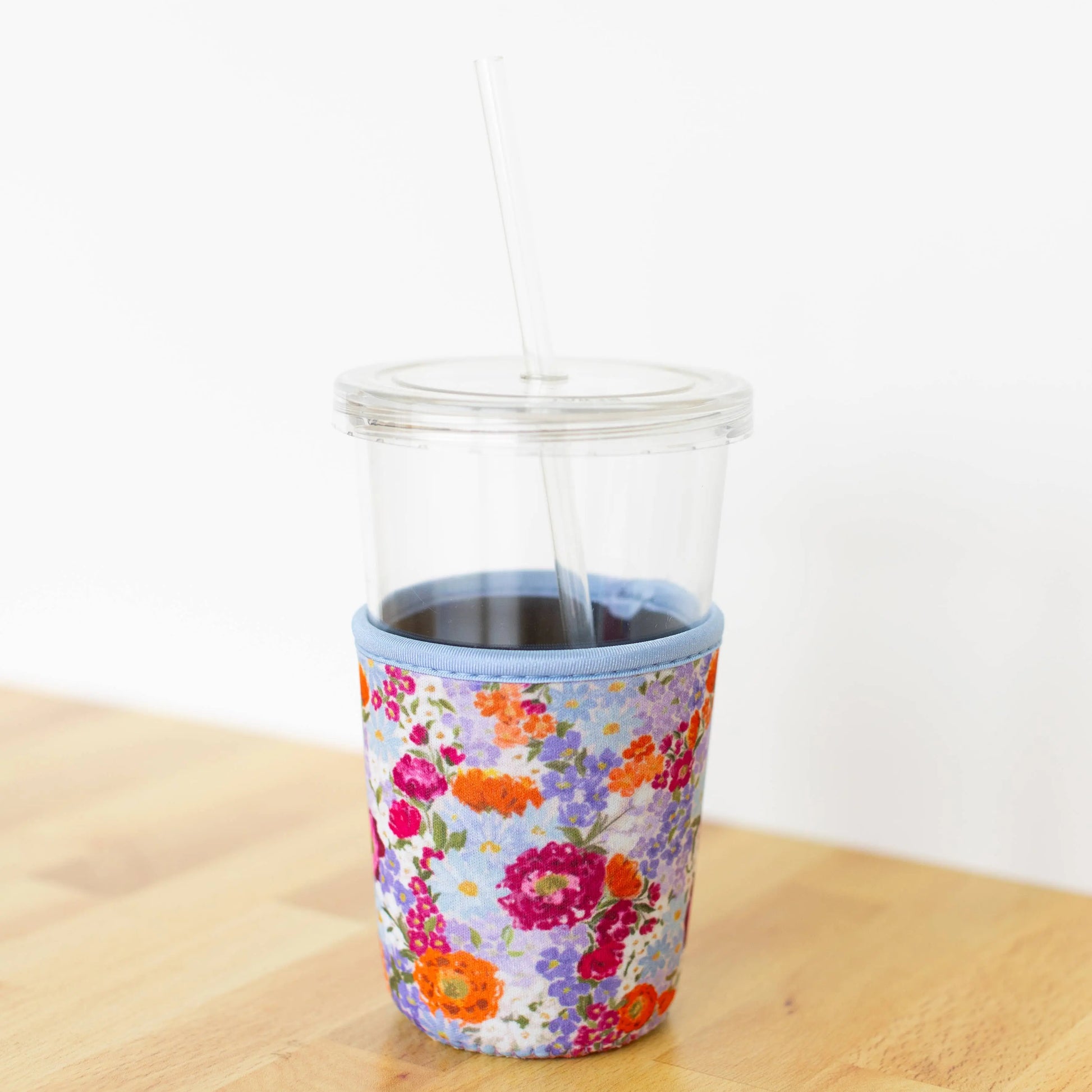 Blue Floral Neoprene Iced Coffee Sleeve - Keep Hands Dry & Drinks Cute On the Go