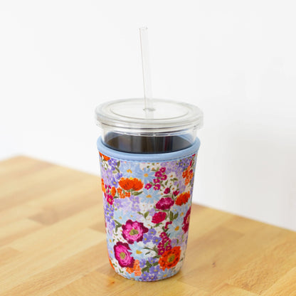 Blue Floral Neoprene Iced Coffee Sleeve - Keep Hands Dry & Drinks Cute On the Go
