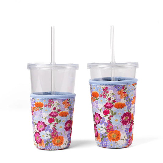 Blue Floral Neoprene Iced Coffee Sleeve - Keep Hands Dry & Drinks Cute On the Go