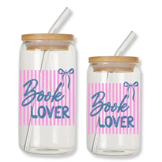 Book Lover Cup Pink Stripes 16 oz. or 20 oz. Glass Can