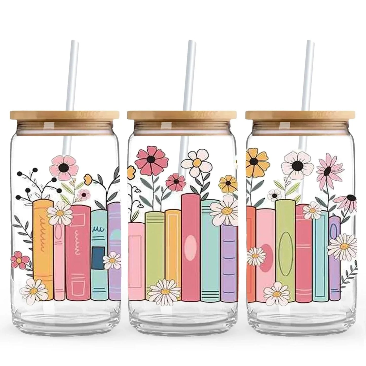Bookish Blossoms 16 oz. or 20 oz. Glass Can Cup