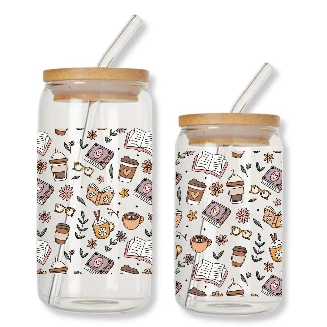 Bookish Coffee Doodles Can Glass Tumbler with Bamboo Lid & Straw
