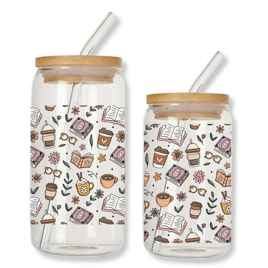 Bookish Coffee Doodles Can Glass Tumbler with Bamboo Lid & Straw