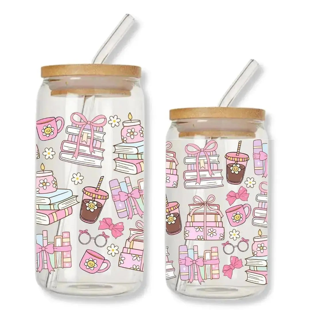 Bookish Girly Cup Doodles 16 oz. or 20 oz. Glass Can