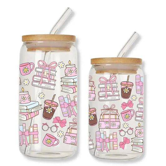 Bookish Girly Cup Doodles 16 oz. or 20 oz. Glass Can